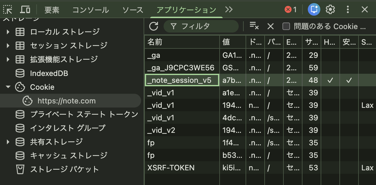 Chromeの開発者ツールでnote.comのCookie一覧を開き、_note_session_v5の行を選んだ画面